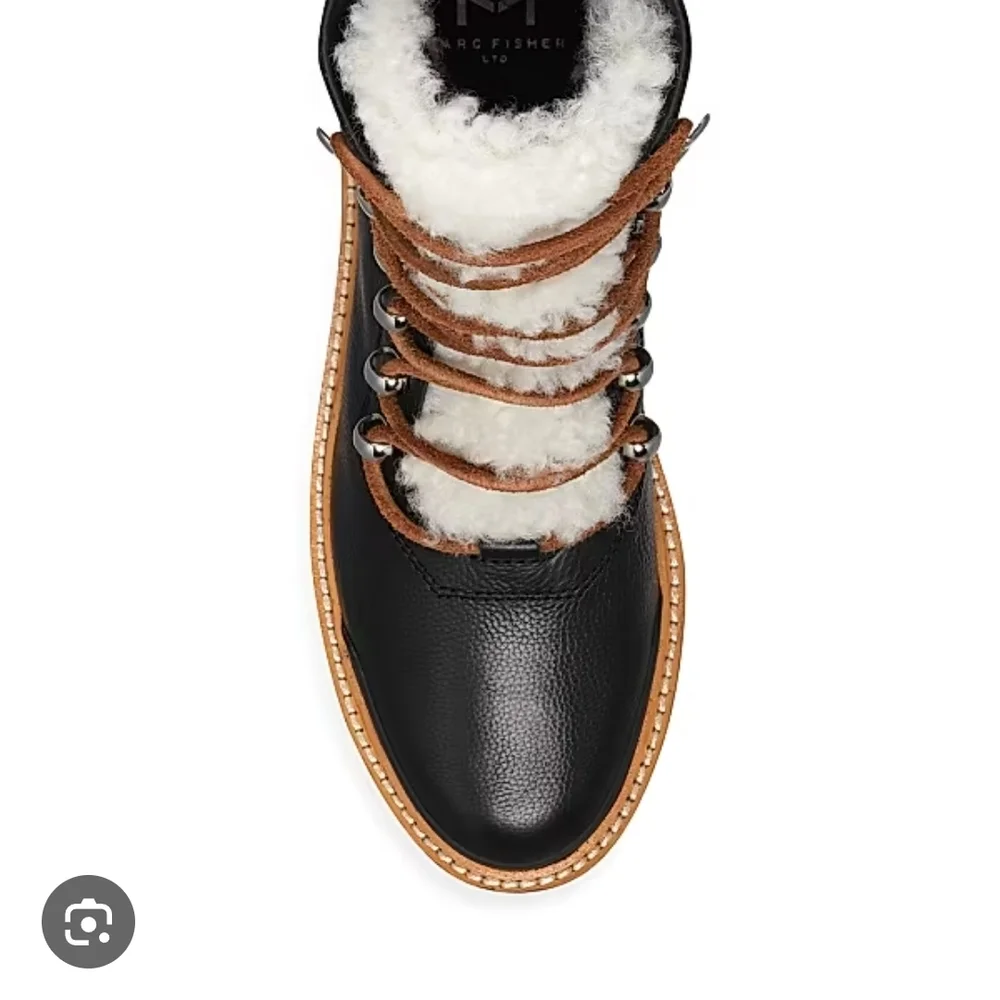 Marc Fisher Black Leather Boots with Shearling and Brown Accents - Picture 1 of 3